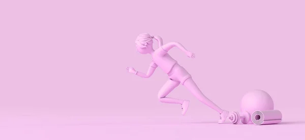 Woman cartoon style character in a sprinting position. 3D rendering.