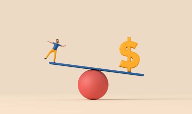 Tahterevalli üzerinde bir dolar para sembolü ile dengelenmiş bir insan. 3B Hazırlama.