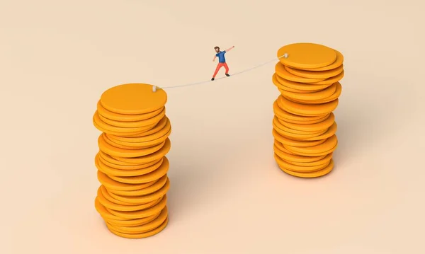 Hombre Balanceándose Una Cuerda Floja Entre Dos Pilas Monedas Renderizado —  Fotos de Stock