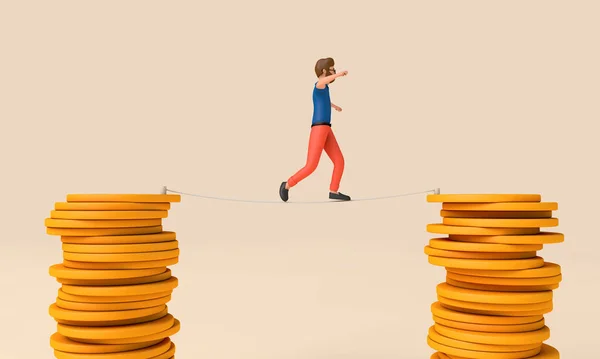 男はコインの2つのスタックの間の綱渡りにバランスをとる 3Dレンダリング — ストック写真