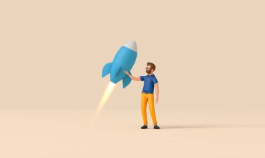 İş kurma konsepti. Roketli bir karakter. 3B Hazırlama.