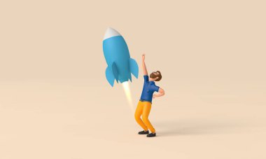 İş kurma konsepti. Roketli bir karakter. 3B Hazırlama.