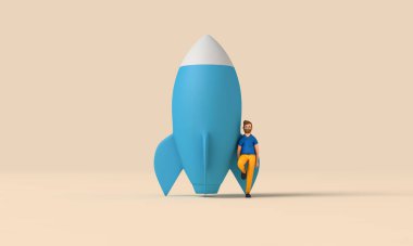 İş kurma konsepti. Roketli bir karakter. 3B Hazırlama.