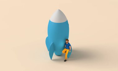 İş kurma konsepti. Roketli bir karakter. 3B Hazırlama.