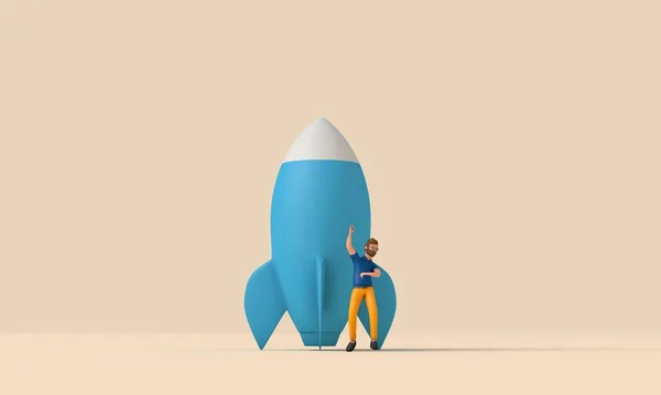 ビジネスは概念を始める ロケットのキャラクター 3Dレンダリング — ストック写真