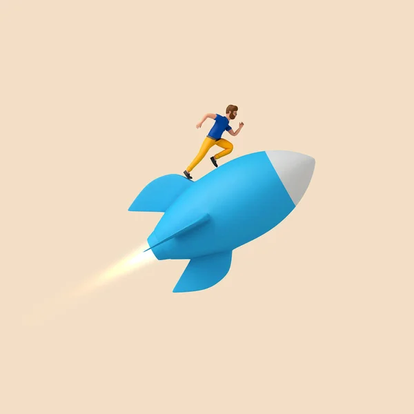 ビジネスは概念を始める ロケットのキャラクター 3Dレンダリング — ストック写真