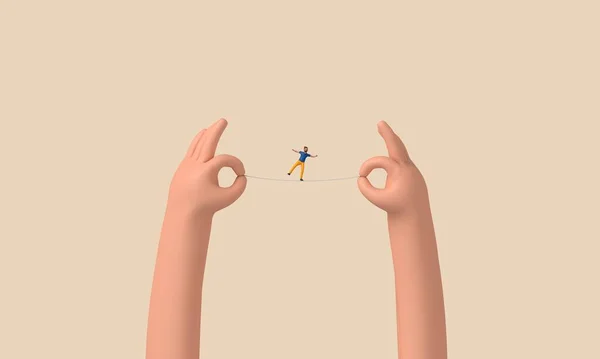 手握双手的人在紧握的绳索上保持平衡 3D渲染 — 图库照片