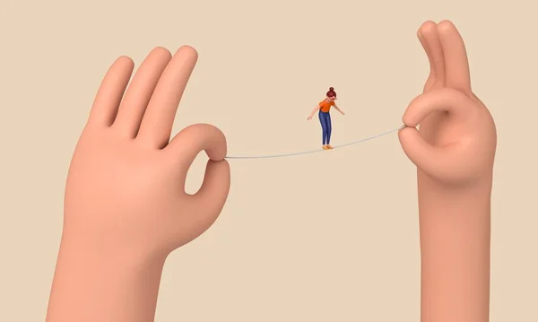 Person Balancing Tightrope Held Two Hands Rendering — Stock Photo, Image