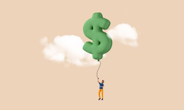 Elinde şişirilmiş bir balon tutan bir iş adamı. Finans kavramı. 3B Hazırlama.