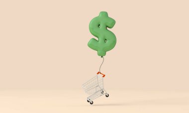 Enflasyon konsepti. Yiyecek ve alışveriş maliyetleri yükseliyor. Alışveriş arabalı dolar işareti. 3B Hazırlama.