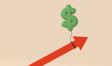 Enflasyon oranı. Kırmızı ok bir dolar işareti balonu tarafından çekiliyor. 3B Hazırlama.