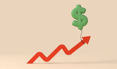 Enflasyon oranı. Kırmızı ok bir dolar işareti balonu tarafından çekiliyor. 3B Hazırlama.