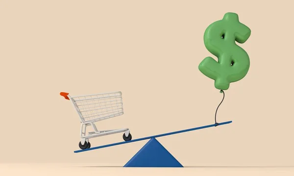 Inflációs Koncepció Emelkedő Élelmiszer Vásárlási Költségek Dollár Jel Bevásárlókocsival Renderelés — Stock Fotó