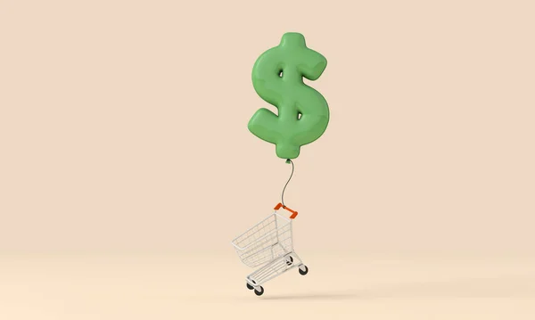 Inflation concept. Rising cost of food and shopping. Dollar sign with shopping cart. 3D Rendering.
