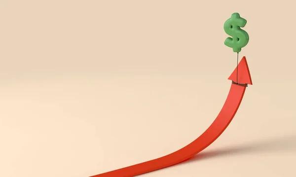 通货膨胀率概念 红色箭头被一个美元标志气球拉上来 3D渲染 — 图库照片