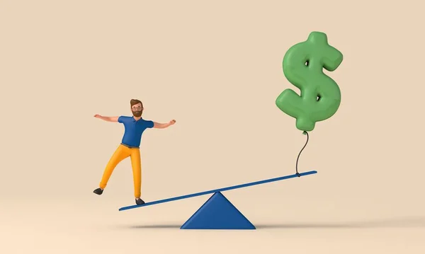 Male Character Balancing Seesaw Balloon Dollar Sign Rendering — Stockfoto