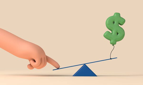 Hand trying to balance a seesaw with an inflated dollar bill symbol. 3D Rendering.