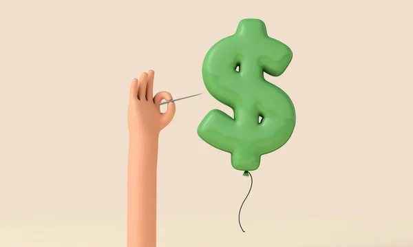 Hand holding a pin about to pop a dollar symbol balloon. 3D Rendering.