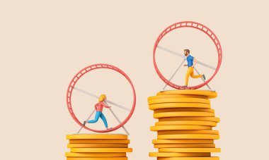 Ofis çalışanı hamster tekerleğinde dönüp duruyor. İş faresi yarışı konsepti. 3B Hazırlama.
