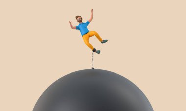 Business character chained to a large falling ball. 3D Rendering.