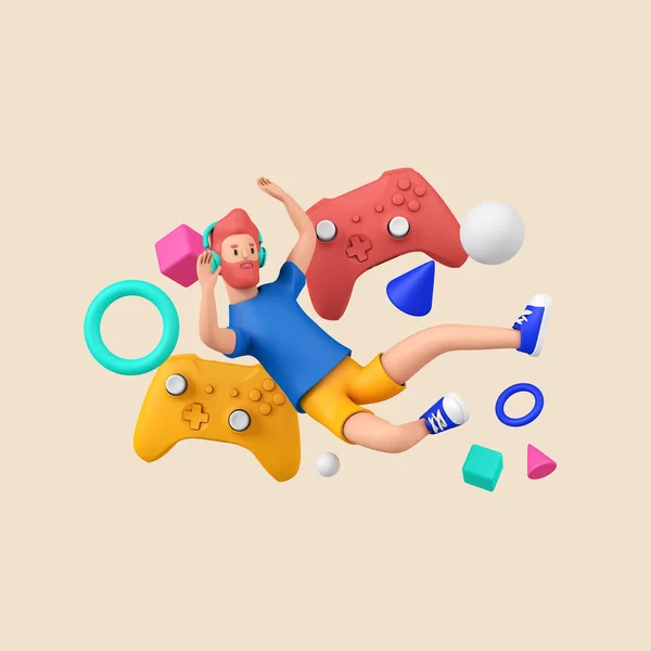Video Game Concept Young Gamer Surrounded Games Controller Abstract Shapes — Stock fotografie
