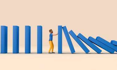 Bir dizi domino taşını elinde tutan iş adamı karakteri. İş desteği konsepti. 3B Hazırlama.