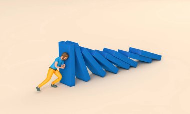 Bir dizi domino taşını elinde tutan iş adamı karakteri. İş desteği konsepti. 3B Hazırlama.