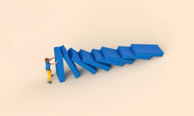 Businessman character holding up a falling row of dominoes. Business support concept. 3D Rendering.