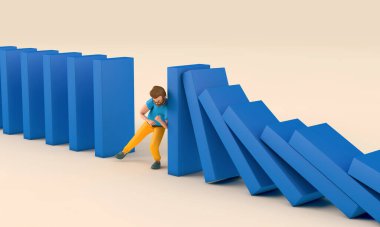 Bir dizi domino taşını elinde tutan iş adamı karakteri. İş desteği konsepti. 3B Hazırlama.