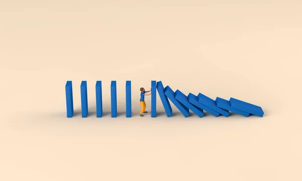 Businessman Character Holding Falling Row Dominoes Business Support Concept Rendering — Stok Foto