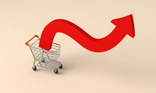 Cost of living crisis. Price of food shopping. Shopping cart on a red arrow. 3D Rendering.