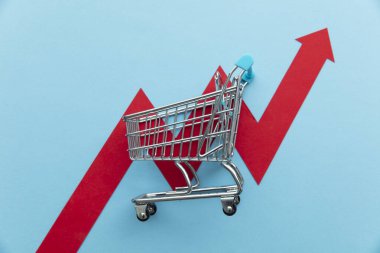 Rising cost of shopping. Shopping cart with red inflation arrow.