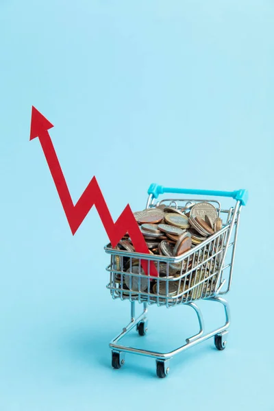 Winkelwagentje Vol Munten Een Rode Inflatie Pijl — Stockfoto