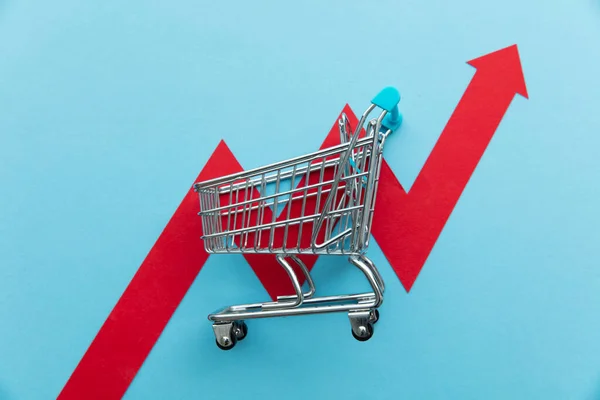 Vásárlás Növekvő Költsége Bevásárlókosár Piros Inflációs Nyíllal — Stock Fotó