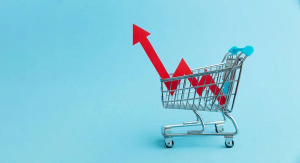 Rising cost of shopping. Shopping cart with red inflation arrow.