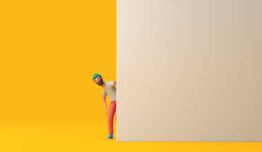 Meraklı hippi 3 boyutlu karakter boş bir duvarın arkasından bakıyor. 3B Hazırlama.