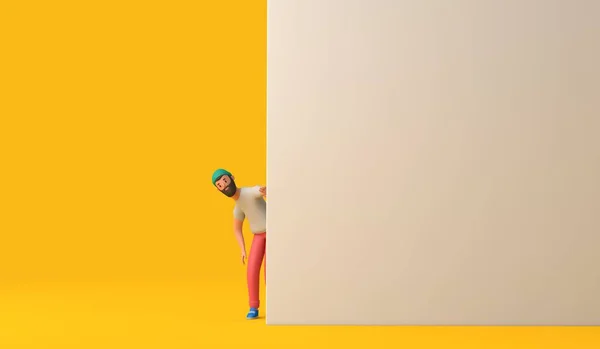 Curious Hipster Character Peering Blank Wall Rendering — Zdjęcie stockowe