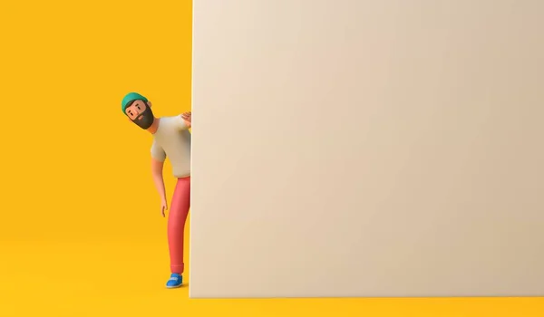 Curious Hipster Character Peering Blank Wall Rendering — Fotografia de Stock