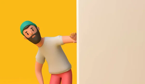 Curious Hipster Character Peering Blank Wall Rendering — Stockfoto