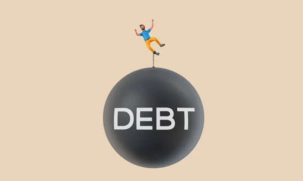 Personagem Negócios Acorrentado Uma Grande Bola Dívida Caindo Renderização — Fotografia de Stock