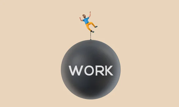 Business Character Chained Large Falling Work Ball Rendering — Stok fotoğraf