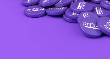 LONDON, UK - July 2022: Twitch video game live streaming logo on round disks. 3D Rendering.