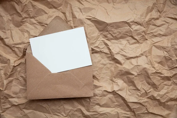 Blank Card Kraft Brown Paper Envelope Template Mock Crumpled Brown — Stock fotografie