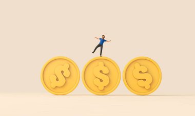 Person balancing on top of a dollar currency coin. Uncertain economy. 3D Rendering.