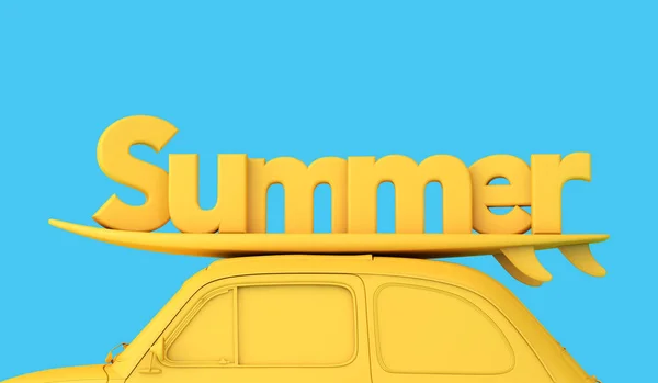 Yellow Vintage Retro Car Surfboard Roof Word Summer Road Trip — Foto Stock