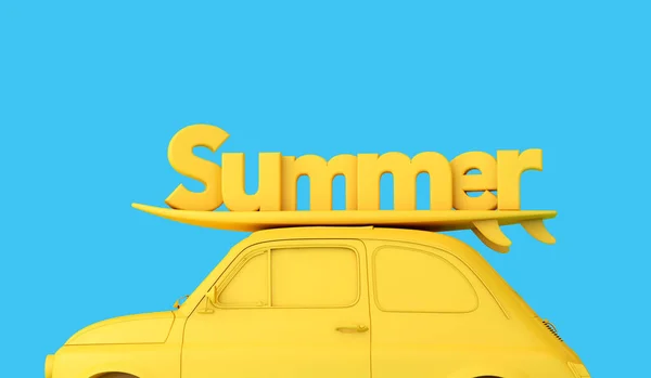 Yellow Vintage Retro Car Surfboard Roof Word Summer Road Trip — Φωτογραφία Αρχείου