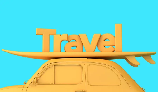 Vintage Retro Car Surfboard Roof Word Travel Road Trip Vacation — Foto Stock