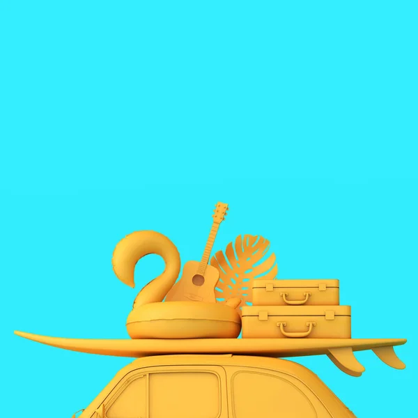 Yellow Vintage Retro Car Surfboard Holiday Suitcase Roof Road Trip — ストック写真