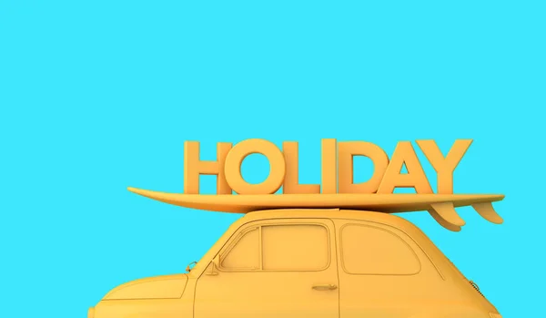 Vintage retro car with a surfboard on the roof and the word Holiday. Road trip vacation background. 3D Rendering.