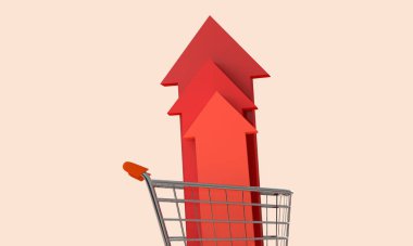 Shopping cart trolly with red inflation arrow. Cost of living crisis. Price of food shopping. 3D Rendering.
